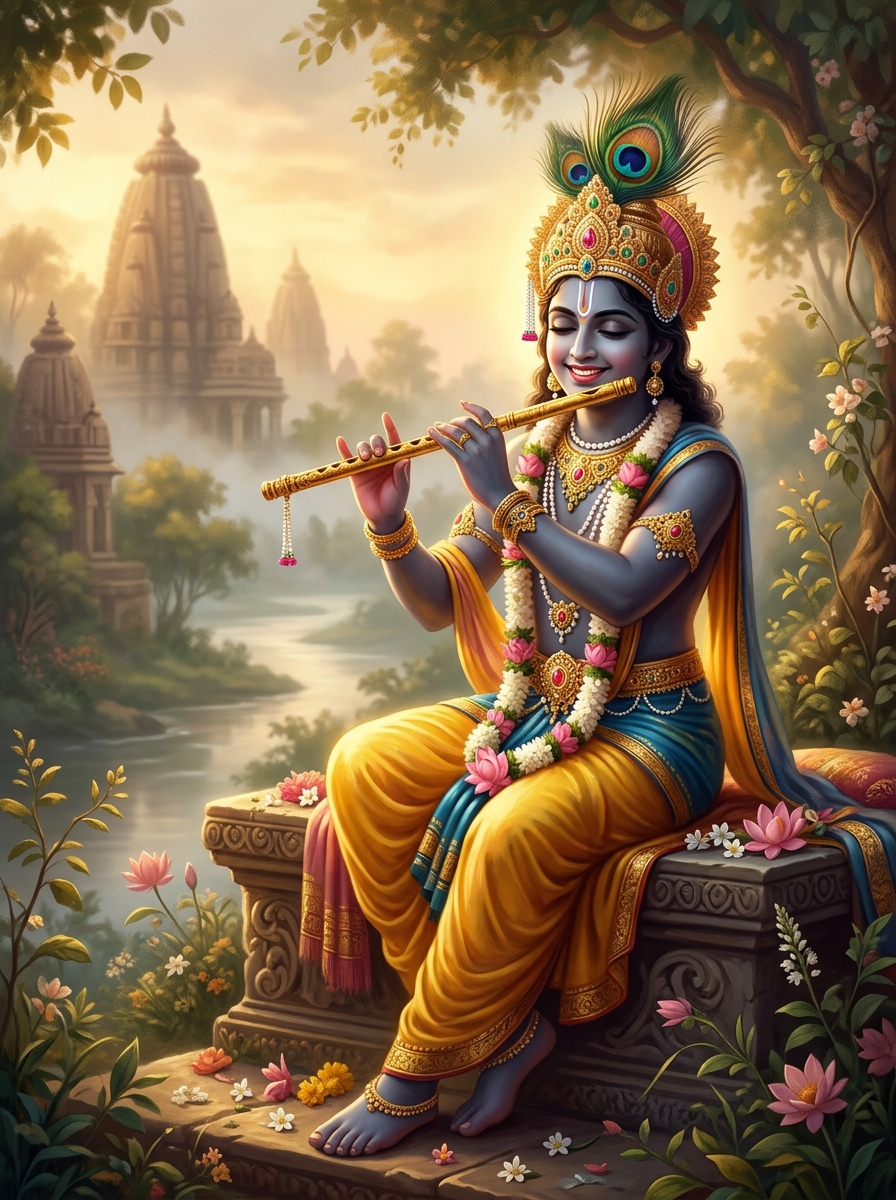 Divine Bhagwan Shri Krishna playing flute in golden Vrindavan light